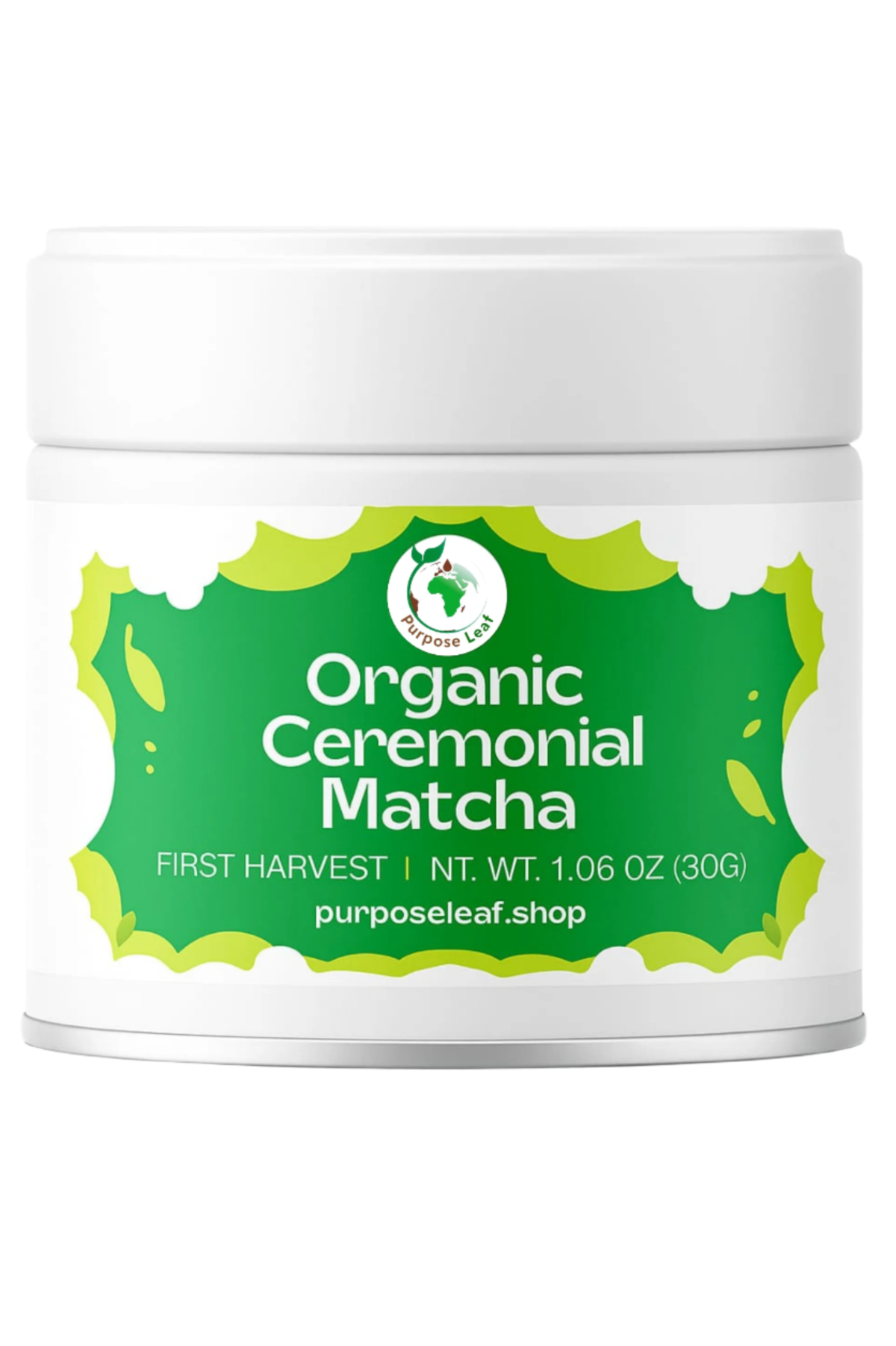 White container with green label featuring 'Organic Ceremonial Matcha' on a white background